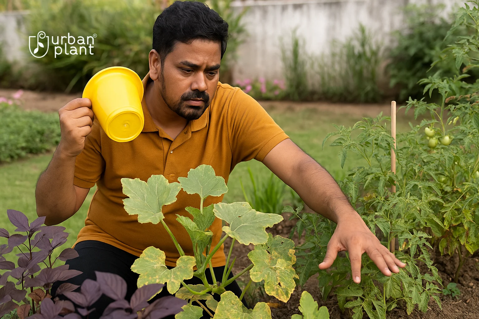 Indian gardener inspecting sun-exposed and shaded plants to correct placement issues caused by planting in the wrong location | Urban Plant